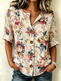 Vintage Floral Print Stand Collar Button Spring Summer Linen Blend Casual Shirt