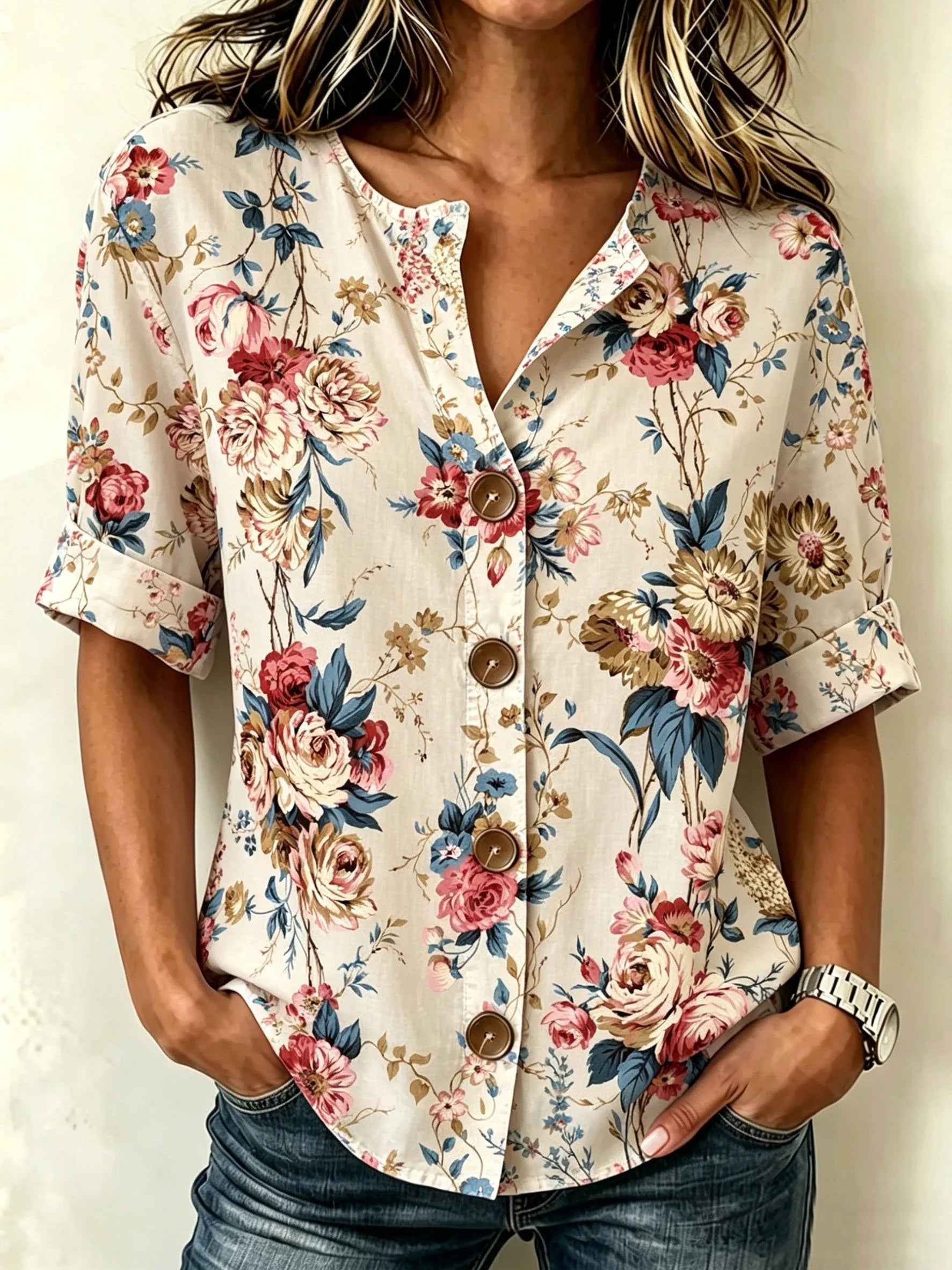 Vintage Floral Print Stand Collar Button Spring Summer Linen Blend Casual Shirt