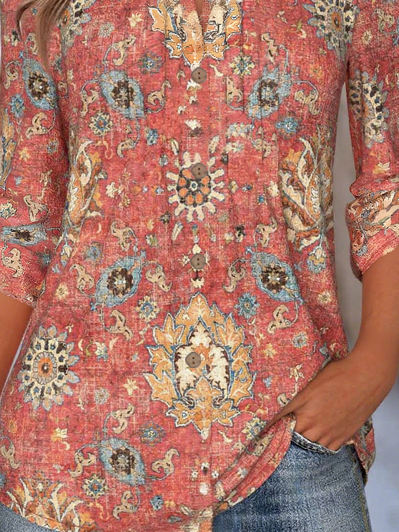 Women's Retro Ethnic Pattern Stand Collar Long Sleeve Shirt Regular Top