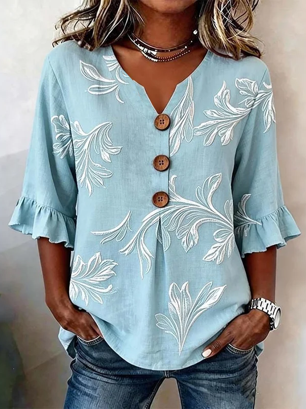 Women's Half Sleeve Blouse Summer Blue Floral Printing V Neck Daily Going Out Vintage Top