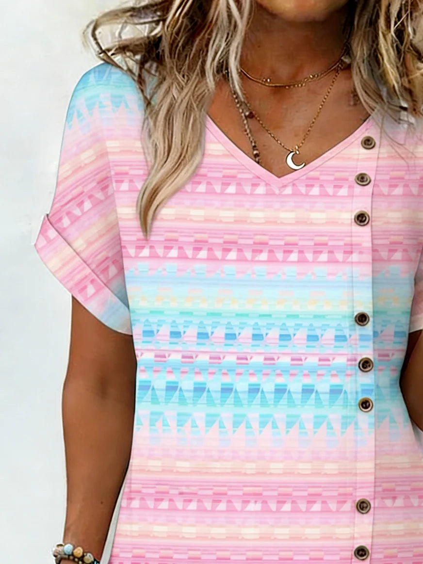 Cotton And Linen Geometric V Neck Vintage Shirt