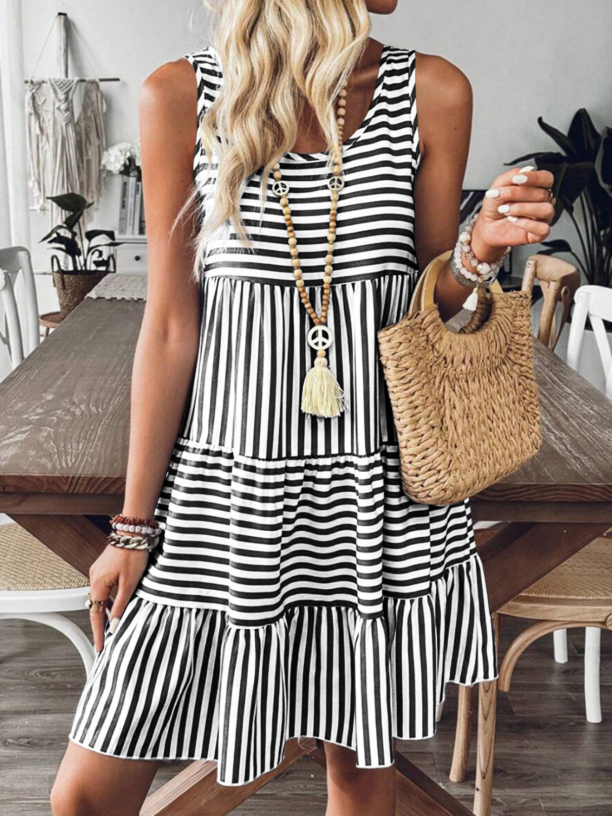 Striped Vacation Crew Neck Sleeveless Summer Casual Dress