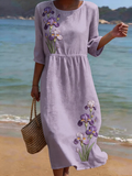 Women's Half Sleeve Summer Purple Floral Printing Crew Neck Daily Going Out Casual Maxi H-Line Dress