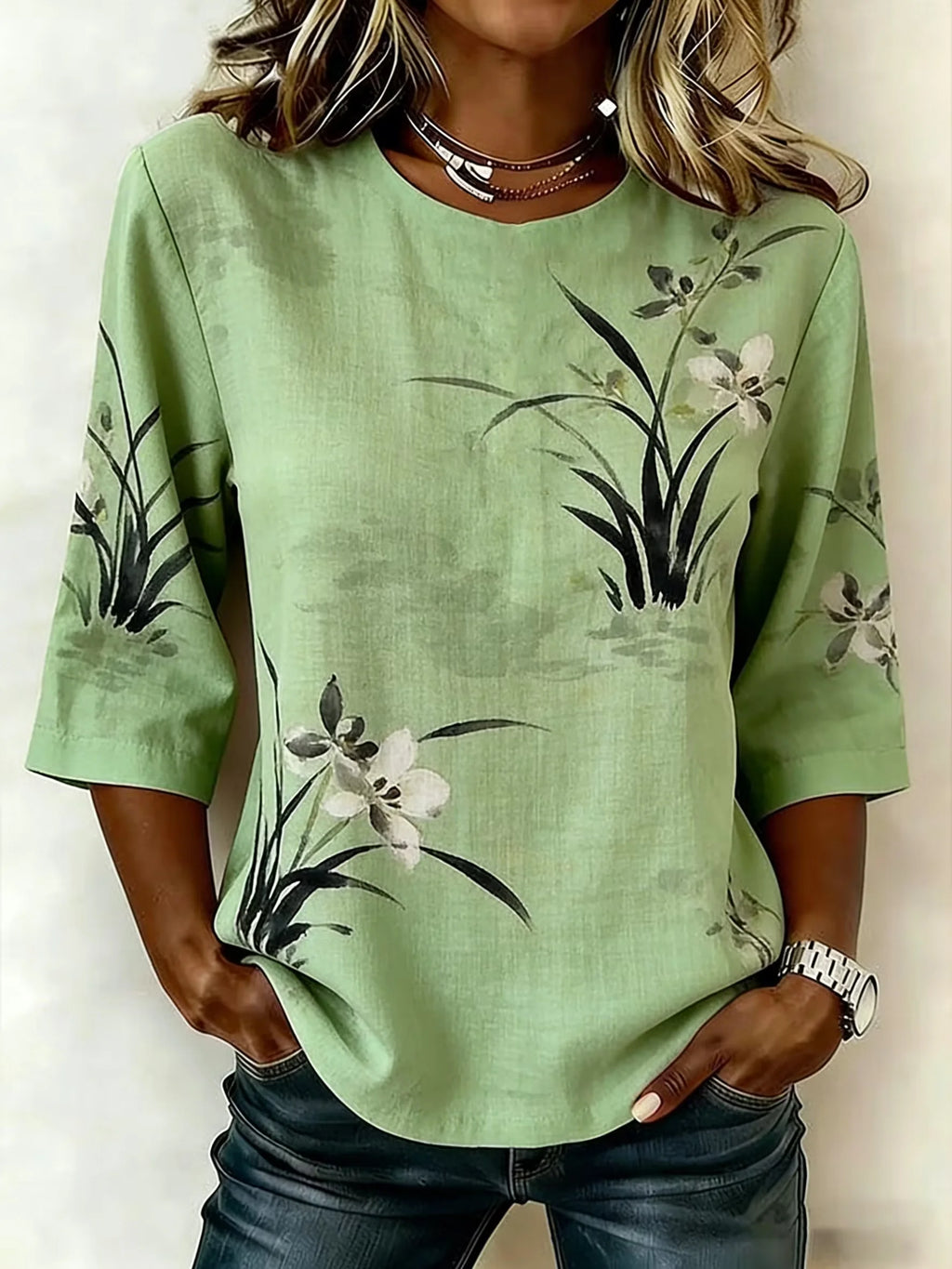 Women's Half Sleeve Blouse Summer Green Floral Printing Crew Neck Daily Going Out Vintage Top