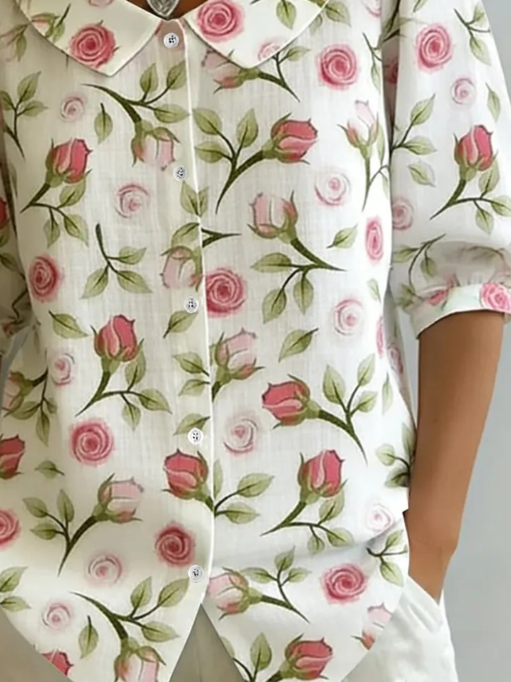 Vintage Floral Linen Blend Shawl Collar Shirt
