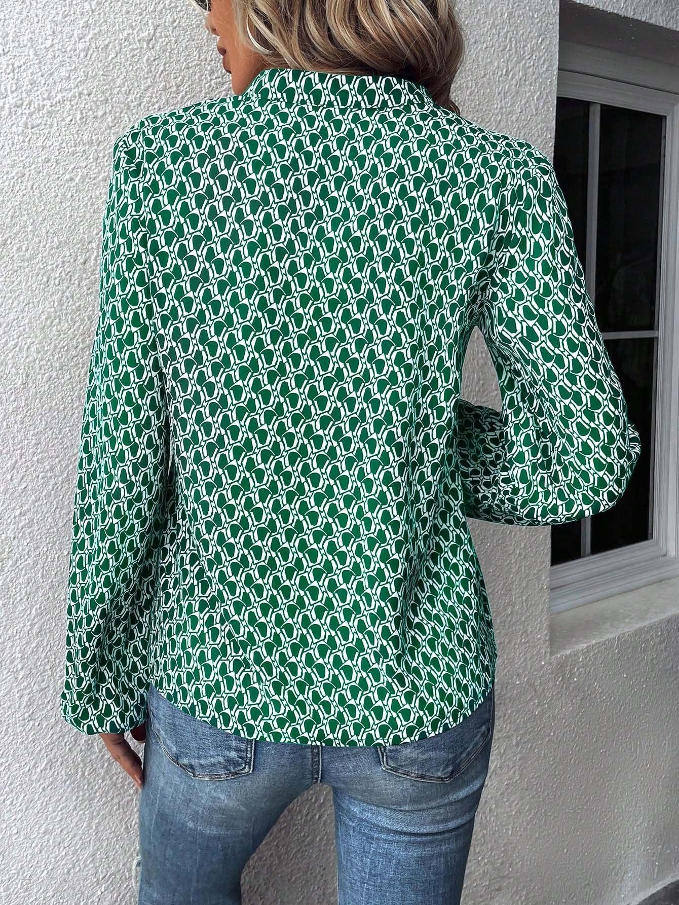 Women's Long Sleeve Shirt Spring/Fall Green Geometric Split Joint V Neck Balloon Sleeve Daily Going Out Casual Top