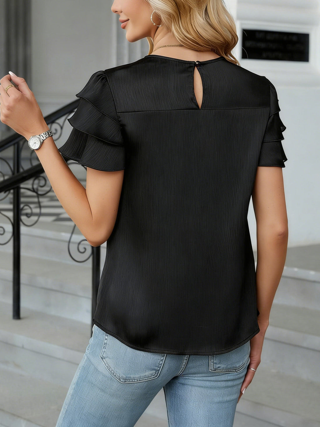 Satin Plain Smock Crew Neck Short Sleeve Casual Blouse