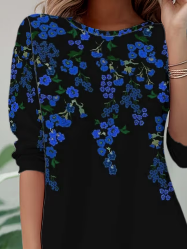 Women's Long Sleeve T-shirt Spring/Fall Black Floral Jersey Crew Neck Daily Going Out Casual Top
