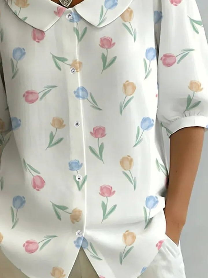 Elegant Loose Floral Shawl Collar Shirt