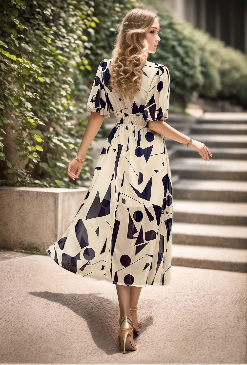 Puff Sleeve V Neck Floral Elegant Dress With No