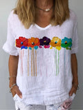 Casual Floral V Neck Cotton Short Sleeve Loosen Floral Top