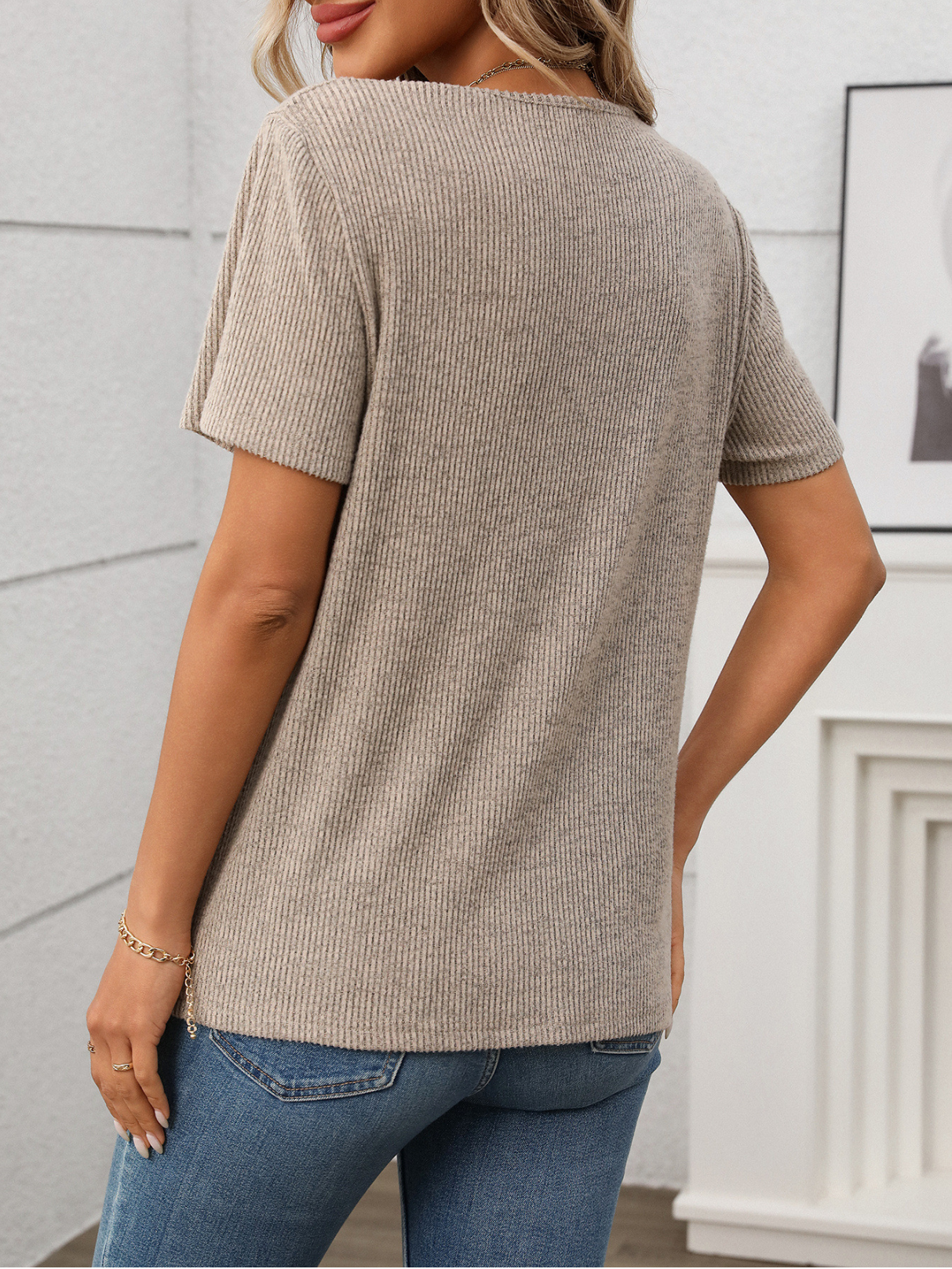 Jersey Ribbing V Neck Button Going Out Summer Casual T-Shirt
