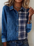Women's Long Sleeve Shirt Spring/Fall Blue Faux Denim Print Graphic Buckle Shirt Collar Regular Sleeve Daily Going Out Casual Top