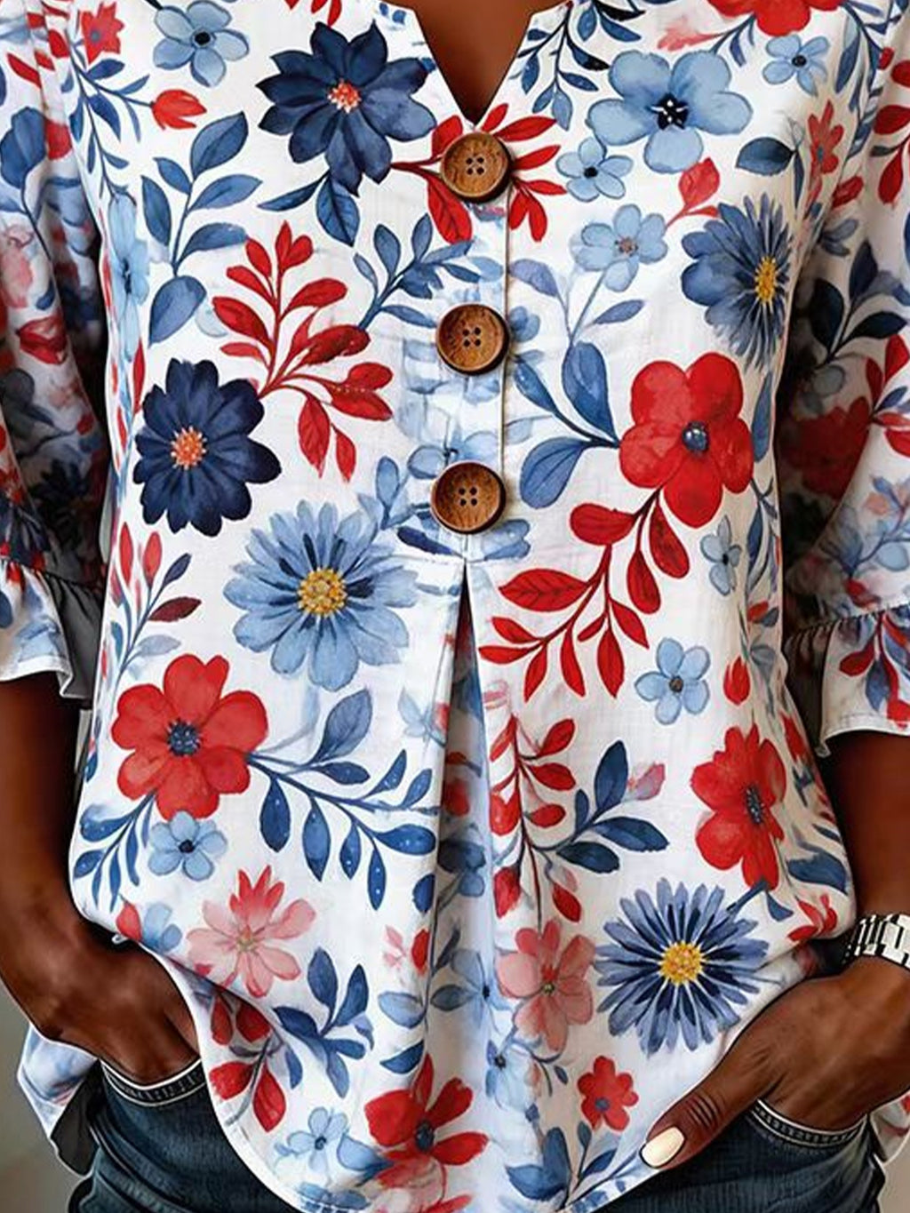 Polyester Cotton Floral V Neck Button Short Ruffle Sleeve Casual Top