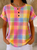Women's Short Sleeve T-shirt Summer As Picture Plaid Printing Crew Neck Daily Going Out Vintage Top