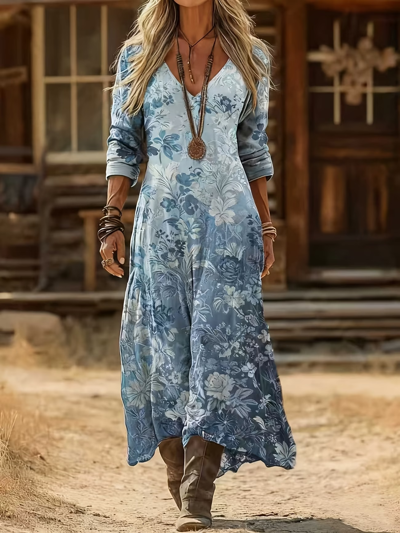 Women's Long Sleeve Spring/Fall Blue Floral Printing V Neck Daily Going Out Vintage Maxi H-Line Dress