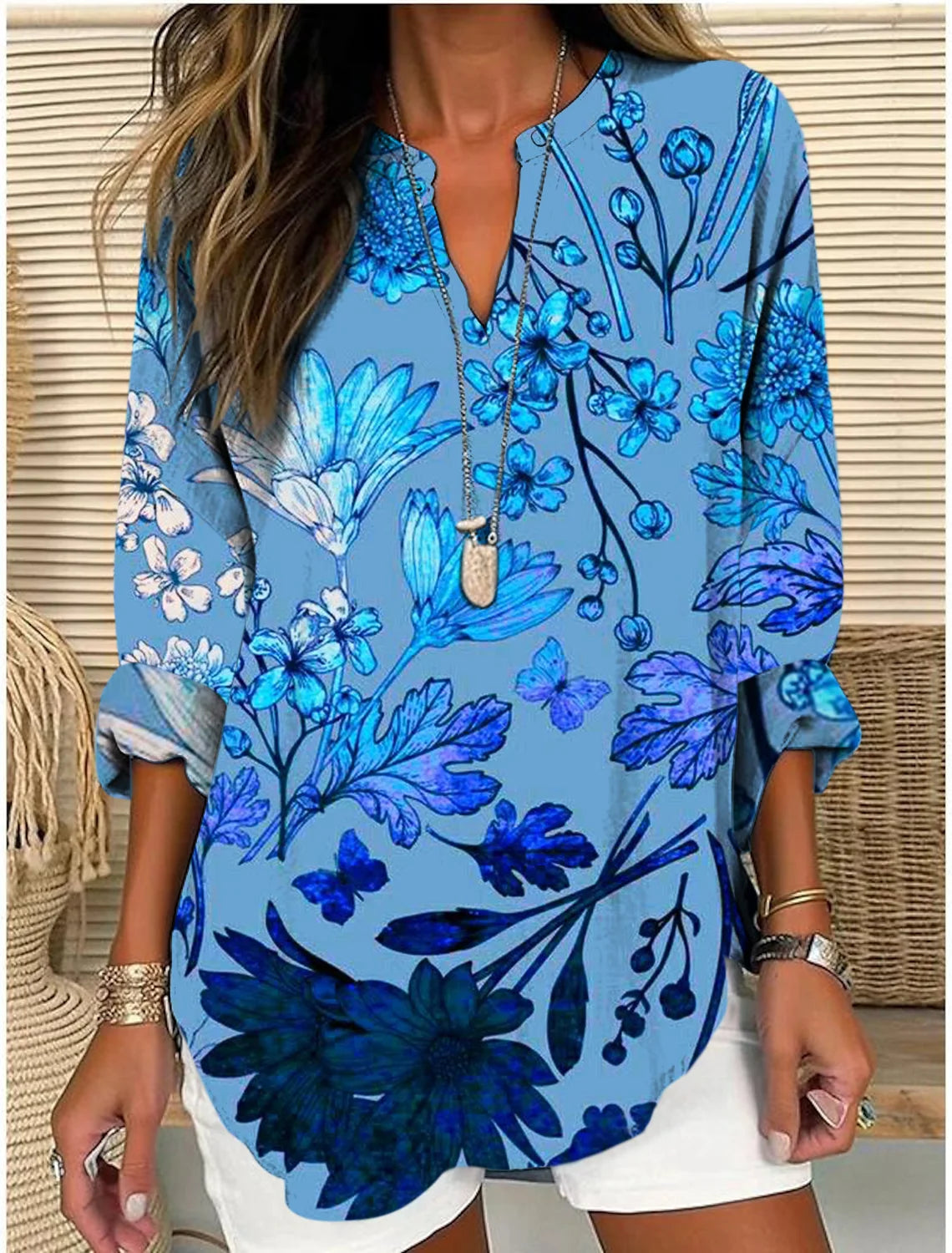 Elegant Floral Shawl Collar Loose Blouse