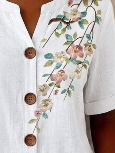 Floral Linen Blend Stand Collar Simple Loose Shirt