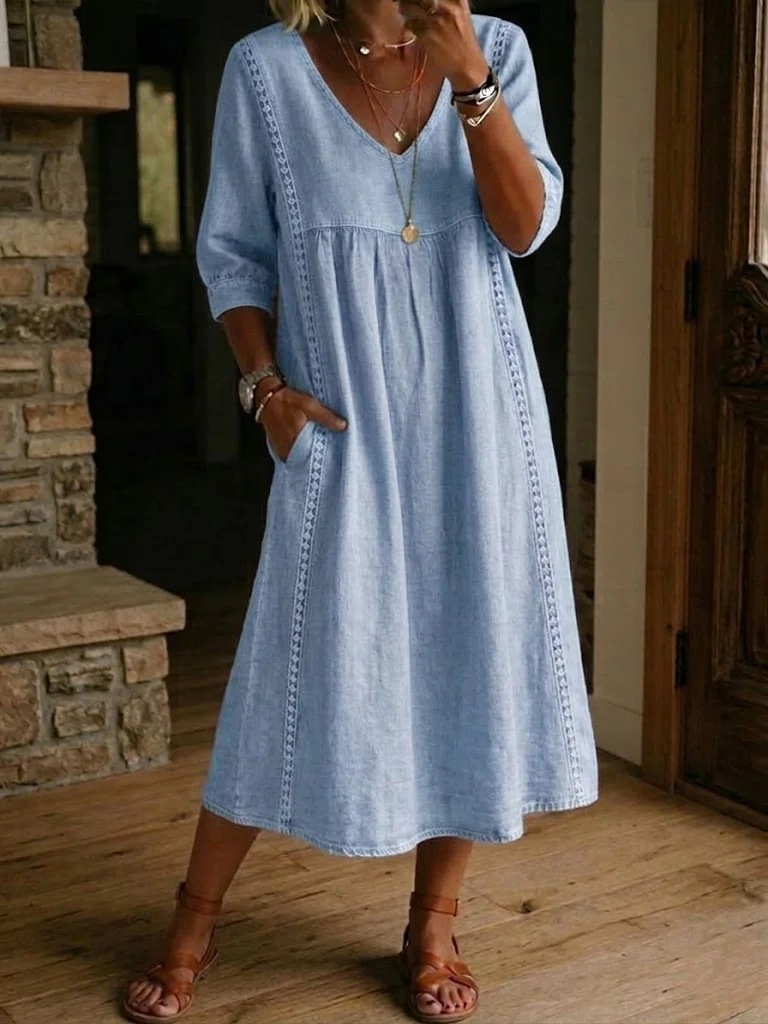 Plain Cotton Linen V Neck Short Sleeve Lace Casual Dress