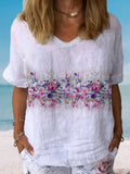 Floral Print Short Sleeve V-neck Blouses