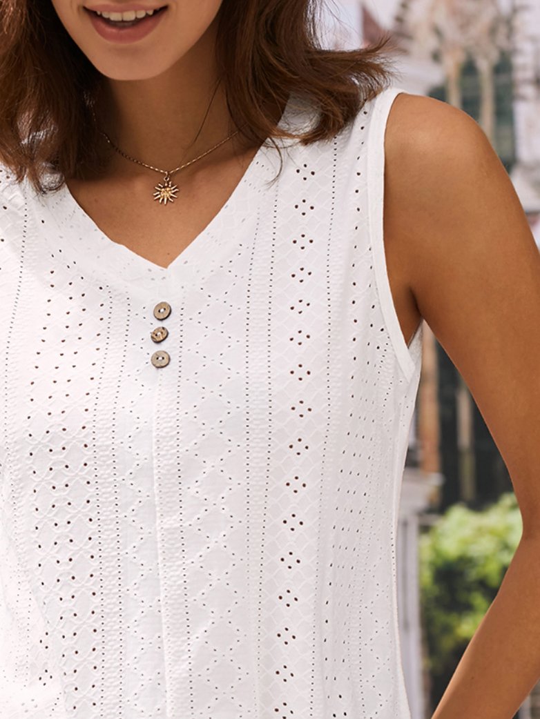 Loose V Neck Casual Buttoned Eyelet Embroidery Front Tank Top