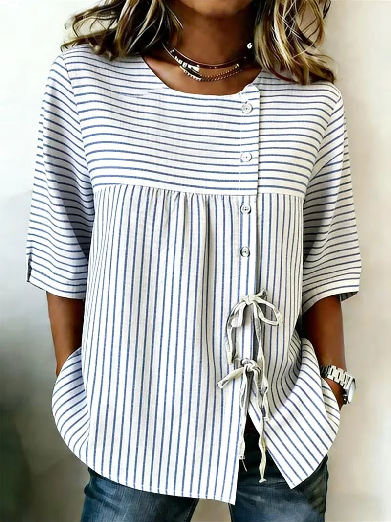 Women's Half Sleeve Shirt Summer White Striped Crew Neck Daily Going Out Vintage Top