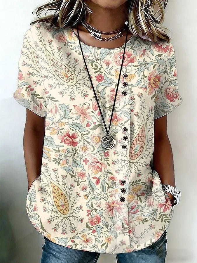 Crew Neck Vintage Linen Blend Shirt