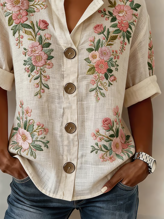 Women's Long Sleeve Shirt Spring/Fall Apricot Floral Buckle Stand Collar Daily Going Out Casual Top