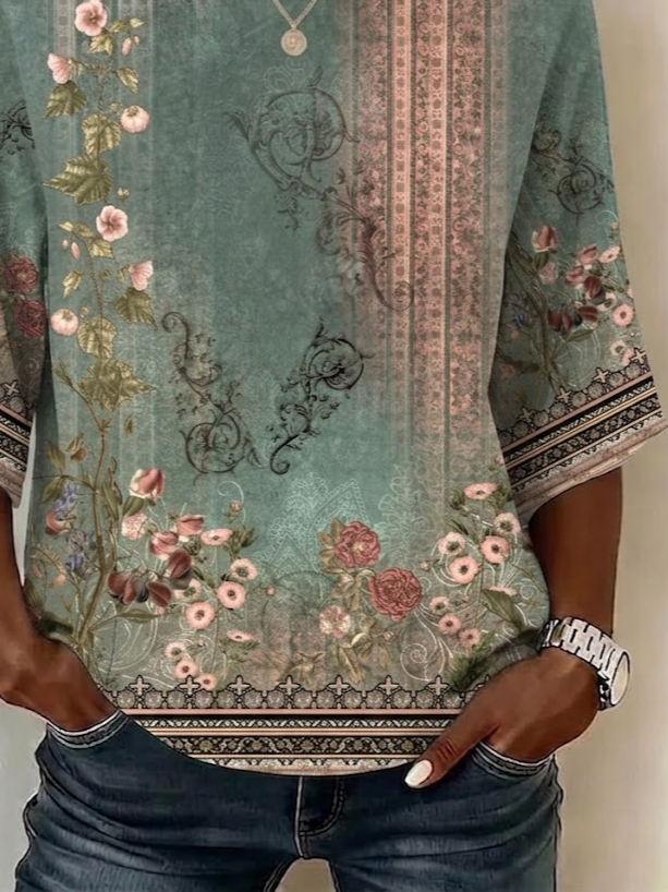 Women's Half Sleeve Blouse Summer Green Floral Printing Crew Neck Daily Going Out Vintage Top