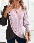 Slim Fit Round Neck Color Matching Ribbed Cross Hem Long Sleeve Spring And Autumn Knitted Commuter T-Shirt Top