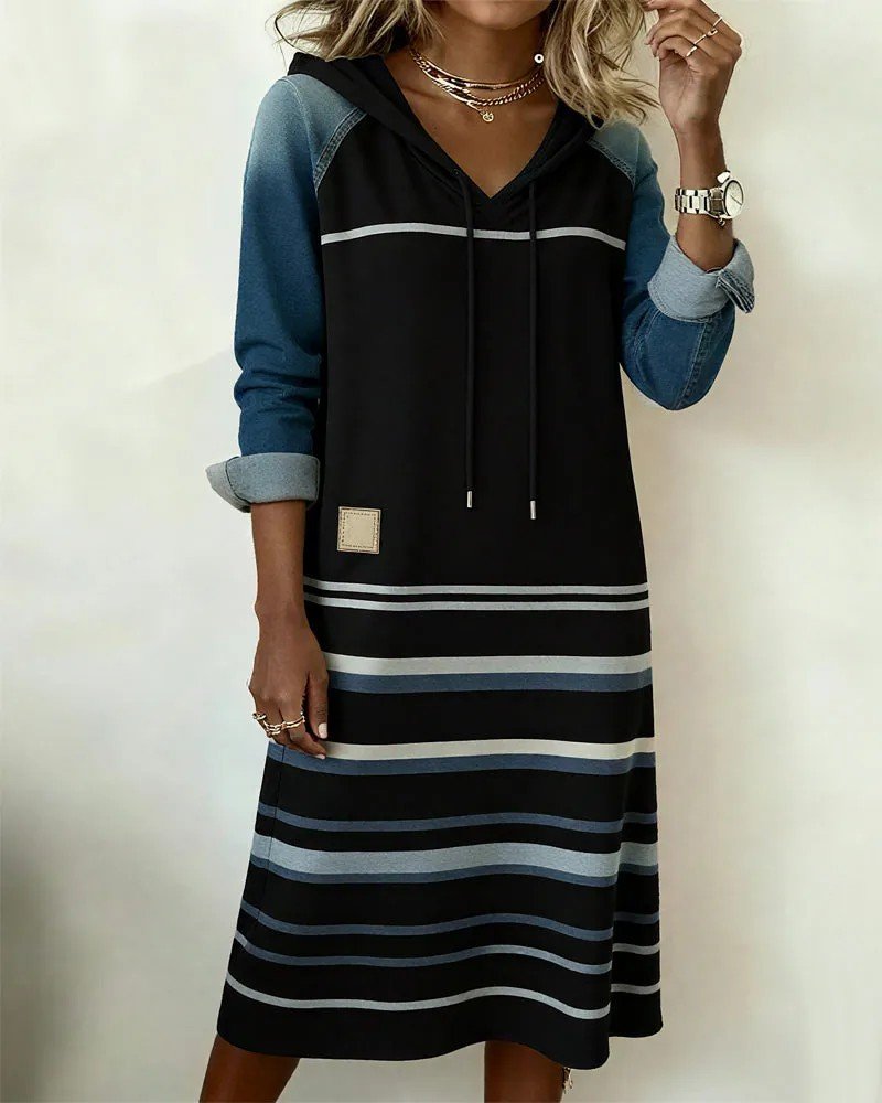 Multicolor Block Casual Hoodie Sweashirt Dress With No