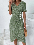 Ditsy Floral Puff Sleeve Wrap Midi Dress Elegant V Neck Summer Dress