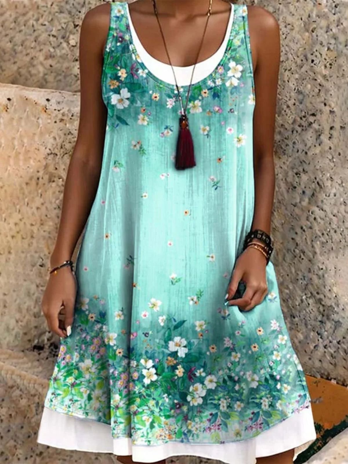 Mint Green Floral Sleeveless Tank Dress - Casual Summer Flowy Sundress