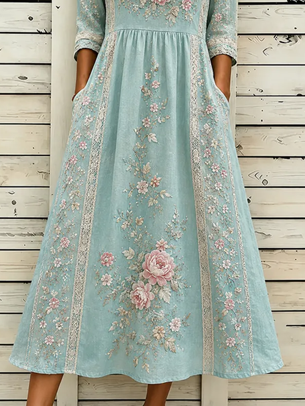 Women's Half Sleeve Summer Blue Floral Printing Crew Neck Daily Going Out Casual Maxi H-Line Dress