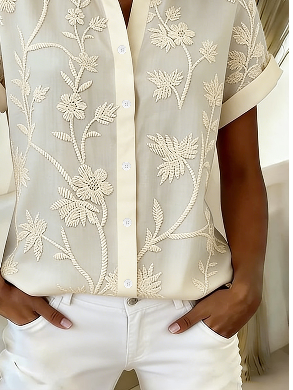 Women's V-Neck Button-Down Printed Short-Sleeve Shirt