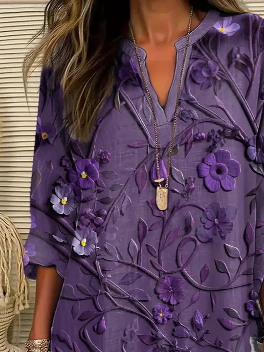 Women's Long Sleeve Blouse Spring/Fall Purple Floral Printing Cotton-Blend V Neck Daily Going Out Casual Top