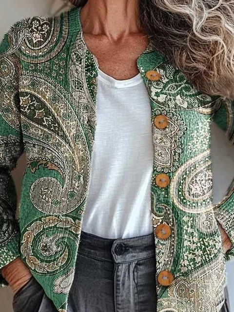Crew Neck Casual Paisley Knitted Cardigan