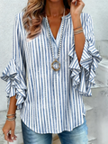 Striped V Neck Casual Loose Shirt