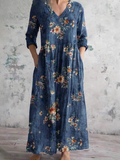 Floral V Neck Regular Fit Casual Dress With No