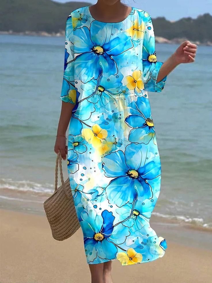 Printed Casual Mid Sleeve Round Neck Dress