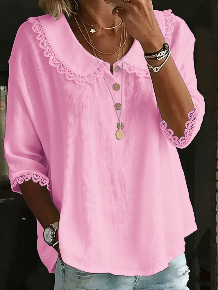 Casual Plain Short Sleeve Round Neck Button Lace Trim Summer Going Out Casual Blouse