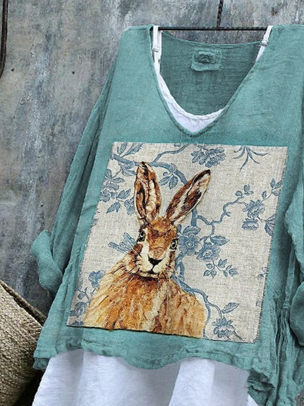 Women's Long Sleeve Blouse Spring/Fall Cyan Easter (rabbit) Printing V Neck Daily Going Out Casual Top