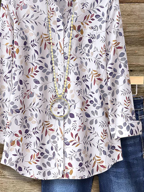 Women's Long Sleeve Shirt Spring/Fall White Floral Buckle Shirt Collar Regular Sleeve Daily Going Out Casual Top