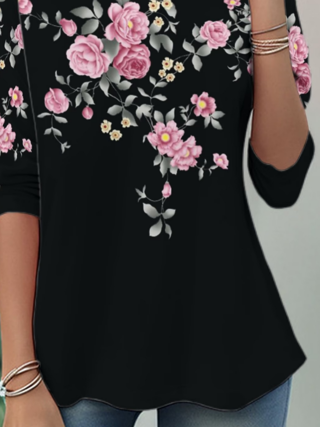 Women's Long Sleeve T-shirt Spring/Fall Black Floral Jersey Crew Neck Daily Going Out Casual Top