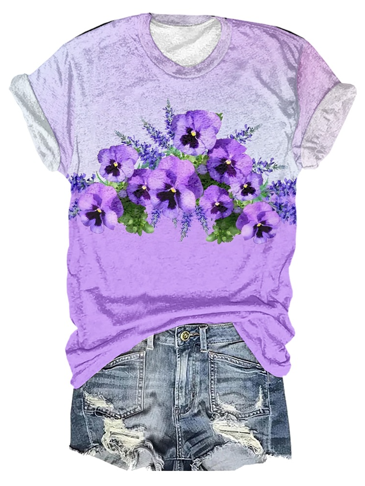 Women's Purple Flower Casual O-Neck Tee