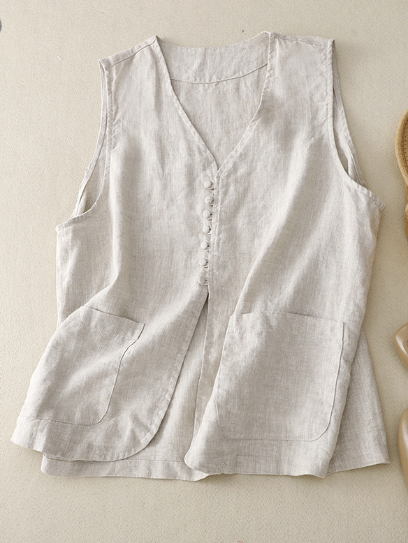 Plain Casual Others Cotton And Linen Vest
