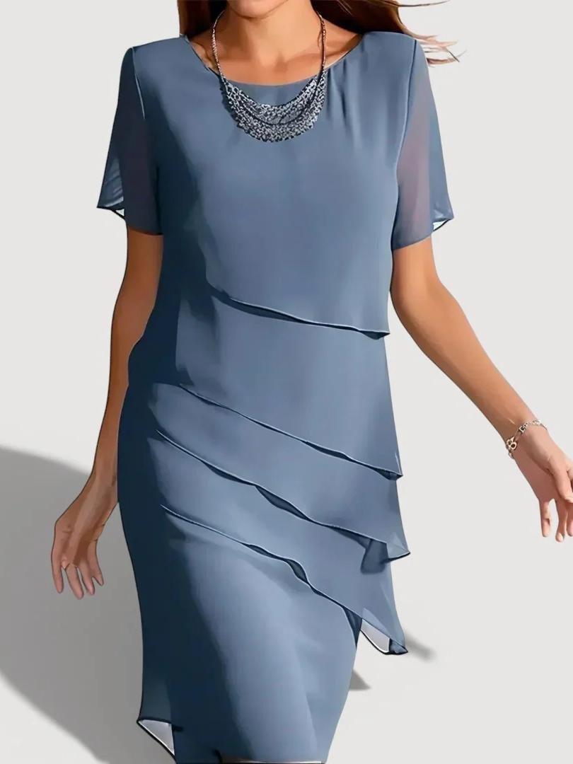 Women’s Dusty Blue Layered Ruffle Sheer Short Sleeve Semi-Formal Chiffon Dress