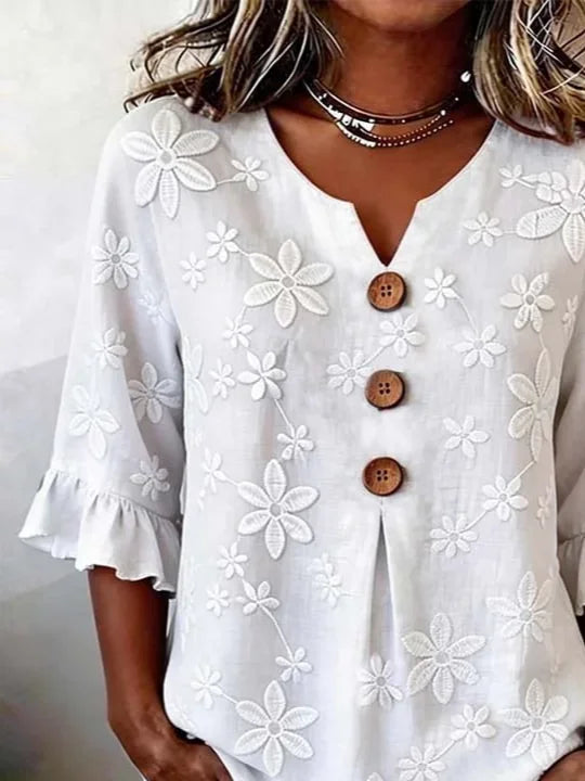 Women's Half Sleeve Blouse Summer White Floral Printing V Neck Daily Going Out Vintage Top
