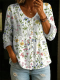 Women's Long Sleeve Blouse Spring/Fall White Floral Printing V Neck Daily Going Out Casual Top