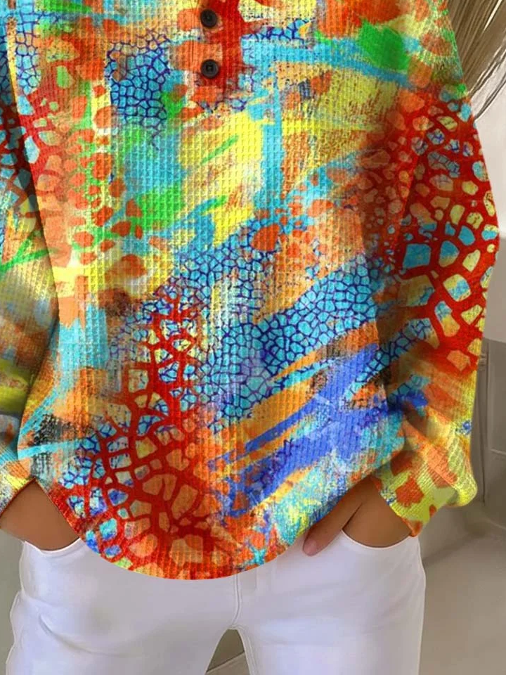 Women's Abstract Print Button-Up Casual Waffle Knit Sweatshirt
